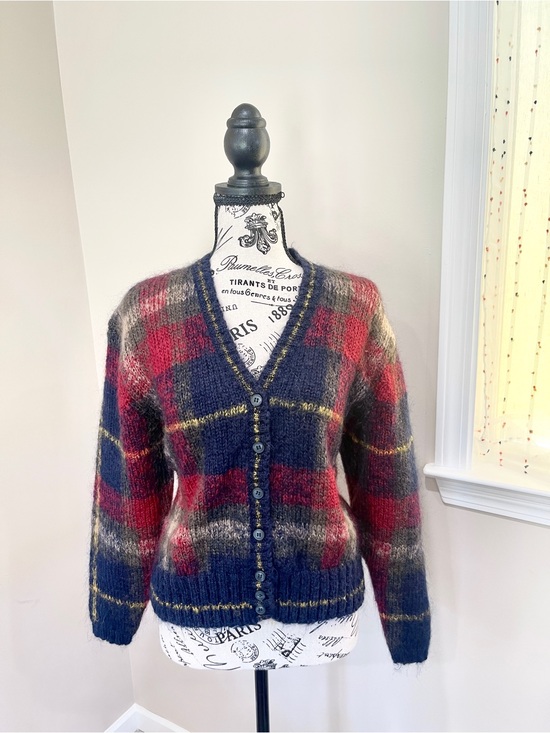 Evan Picone Sweaters - Vintage Mohair Wool Plaid Knit Cardigan